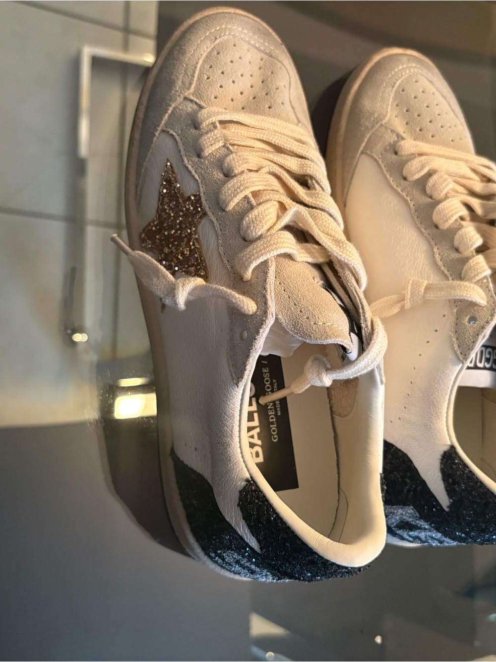 Golden Goose-Inspired Women's Cream Leather Sneaker with Glitter Star